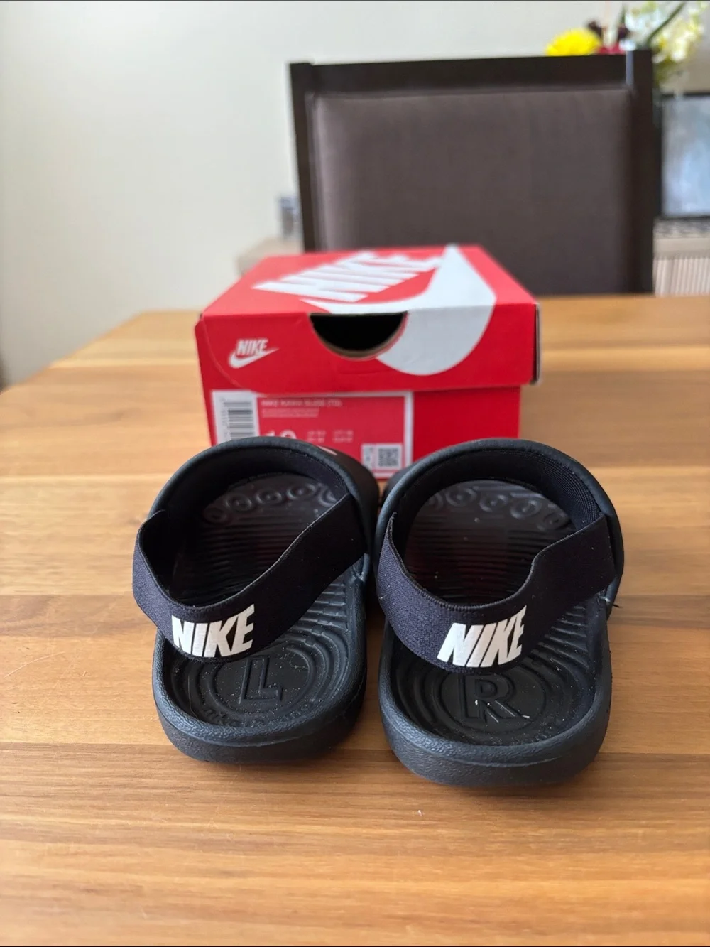 Nike Kids Black Slide Sandals with White Swoosh and Heel Strap